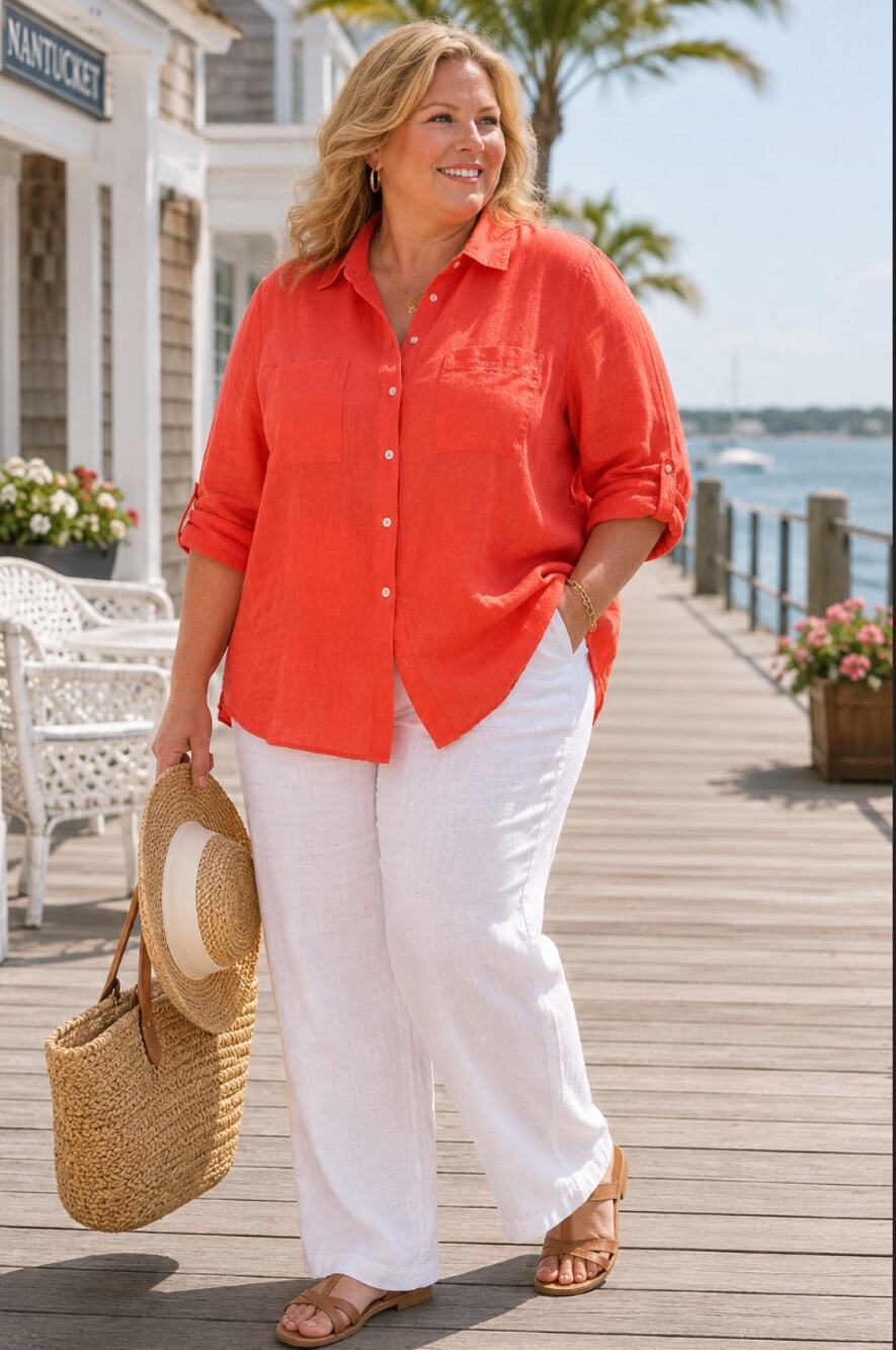 Charter Club Women’s Orange Peach Top Button Up 100% Linen Roll Tab Sleeve 2X